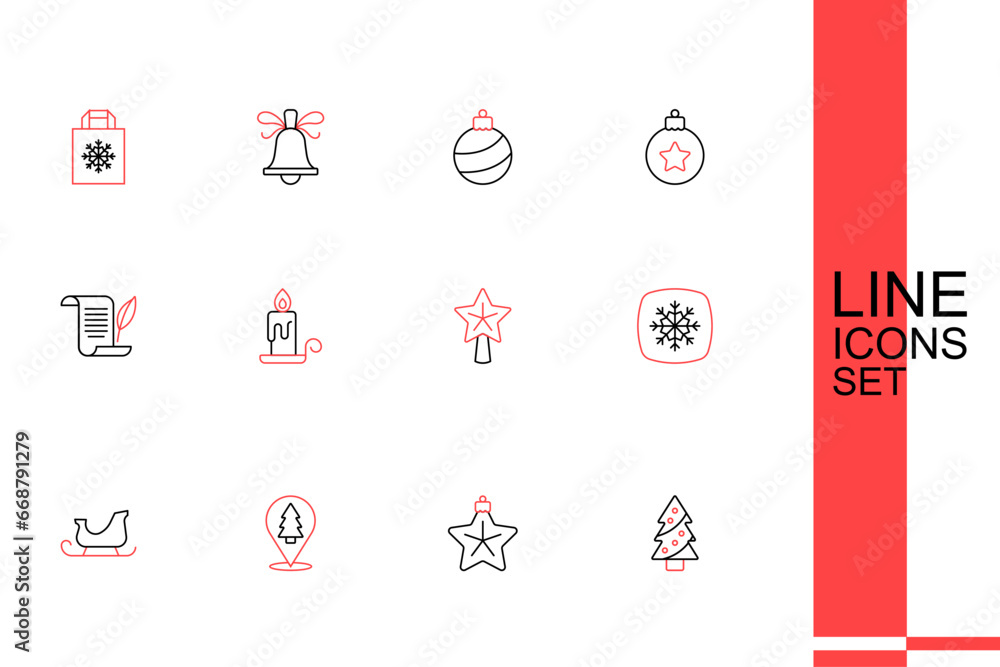 Set line Christmas tree, star, santa claus sleigh, Snowflake, Burning candle and Envelope icon. Vector