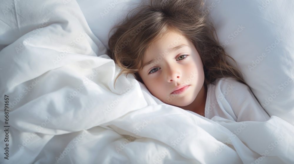photo of a child at home in bed. Disease, epidemic, virus, light background photo of a child at home in bed. Disease, epidemic, virus, light background