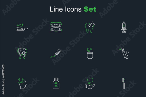 Set line Toothbrush, Toothache painkiller tablet, drill, and toothpaste, Tube of and Broken icon. Vector