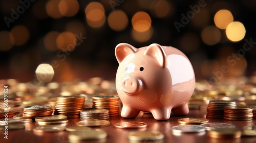 A Cute Pink Piggy Bank Surrounded by Shiny Coins - Savings and investment concept