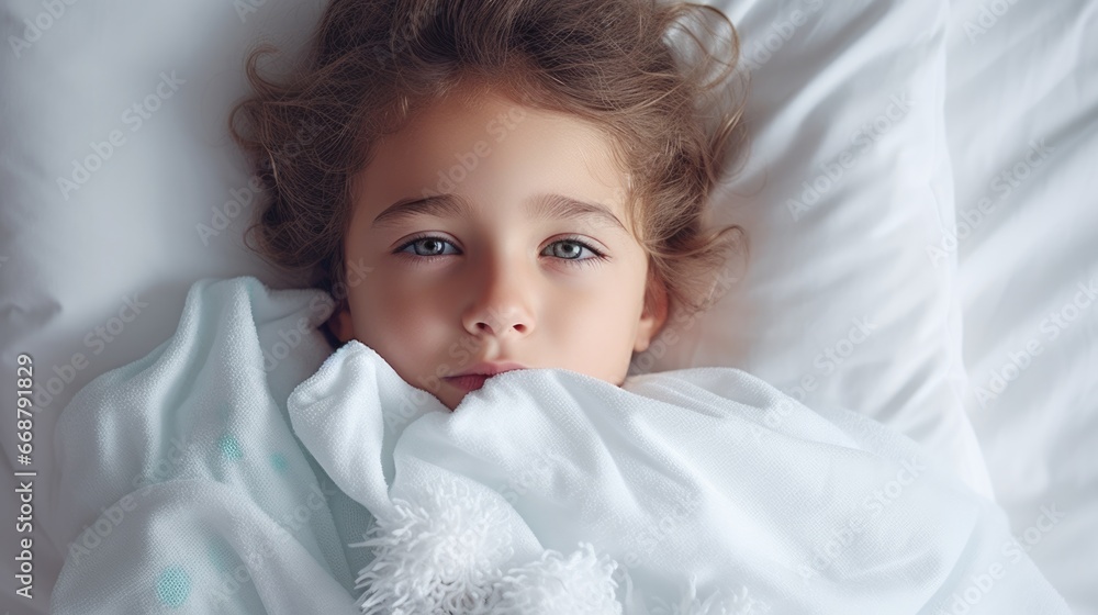 photo of a child at home in bed. Disease, epidemic, virus, light background photo of a child at home in bed. Disease, epidemic, virus, light background