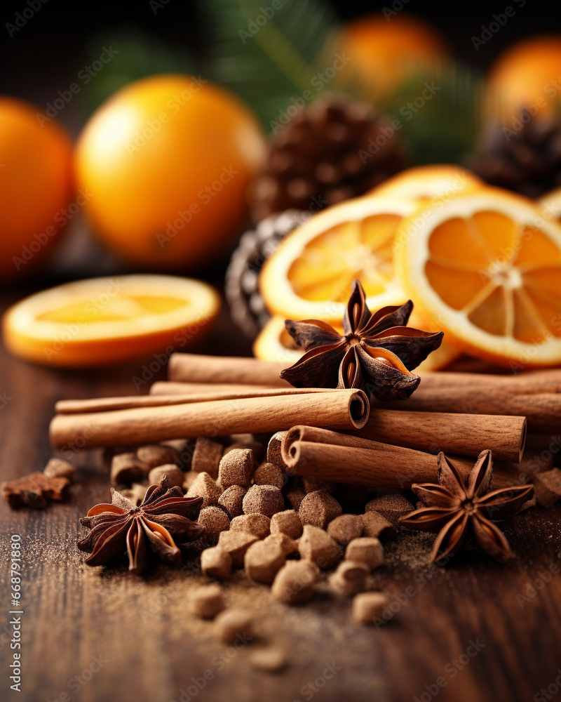 Traditional Christmas spices and dried orange slices on holiday bokeh background Traditional Christmas spices and dried orange slices on holiday bokeh background