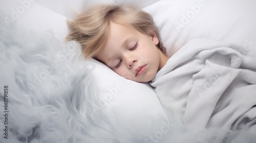 photo of a child at home in bed. Disease, epidemic, virus, light background