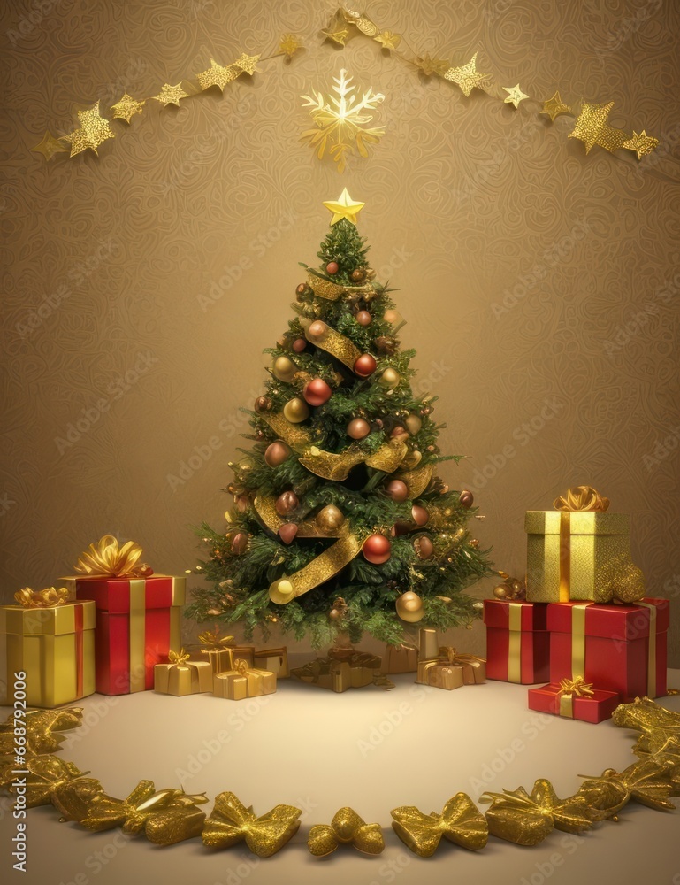 Christmas tree with gifts on a gold background
