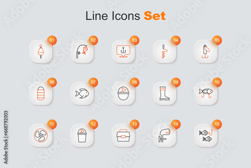 Set line Fishing hook with fish, Outboard boat motor, Case box for fishing, Fisherman hat, lure, boots and bucket icon. Vector