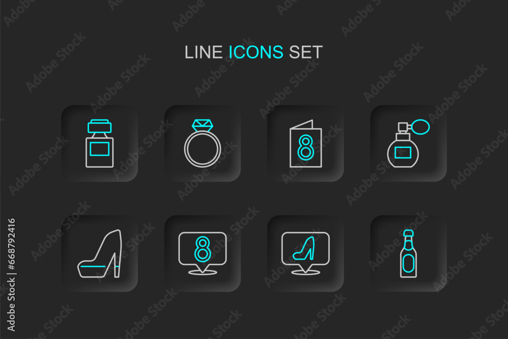 Set line Champagne bottle, Woman shoe, 8 March, Perfume, Greeting card with, Diamond engagement ring and icon. Vector Set line Champagne bottle, Woman shoe, 8 March, Perfume, Greeting card with, Diamond engagement ring and icon. Vector