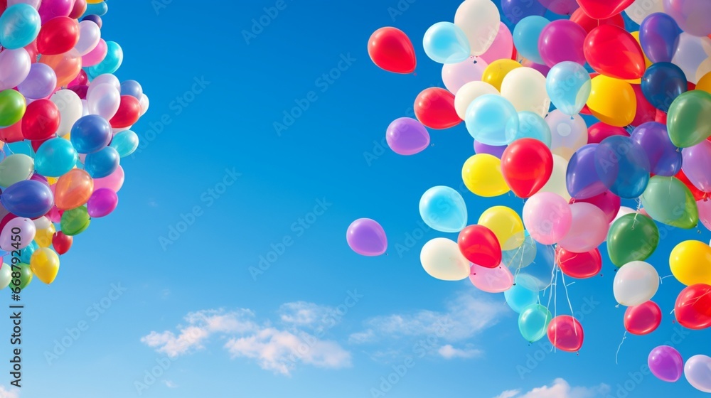 A myriad of colorful helium balloons rising against a clear azure sky.