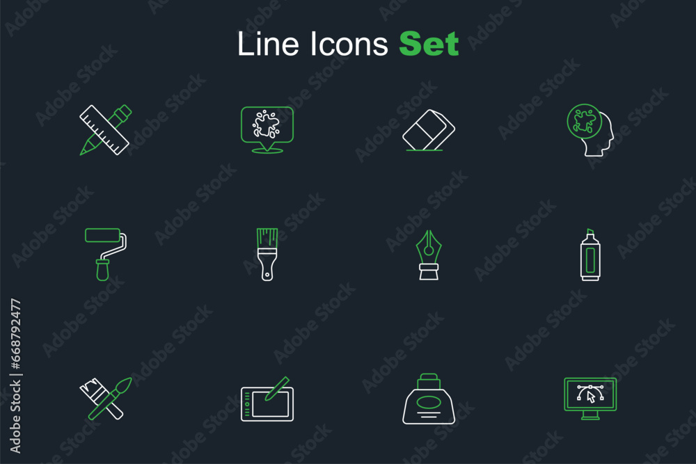 Set line Computer with design program, Inkwell, Graphic tablet, Paint brush, Marker pen, Fountain nib, and roller icon. Vector Set line Computer with design program, Inkwell, Graphic tablet, Paint brush, Marker pen, Fountain nib, and roller icon. Vector