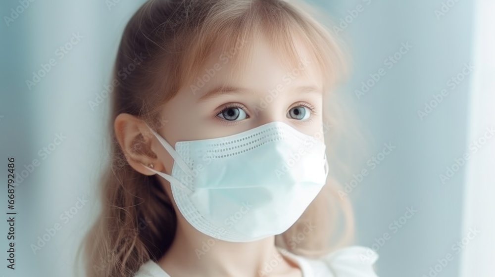 Photo of a child wearing a medical mask. Health concept, protection from bacteria and viruses Photo of a child wearing a medical mask. Health concept, protection from bacteria and viruses