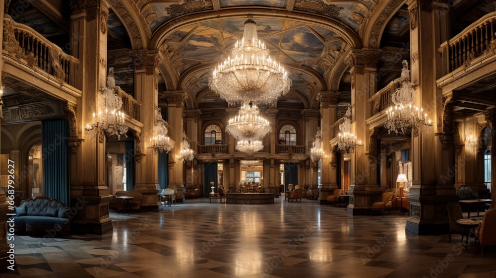 A panoramic view of a grand library hall, with marbled columns and majestic chandeliers.