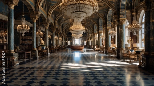 A panoramic view of a grand library hall  with marbled columns and majestic chandeliers.