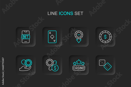 Set line Game dice, Casino signboard, chips exchange, Hand holding casino, with dollar, Playing card spades symbol and Online sports betting icon. Vector