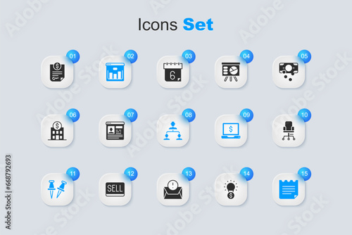Set Light bulb with dollar, Resume, Browser stocks market, Push pin, Notebook, Office chair, Contract money and Employee hierarchy icon. Vector