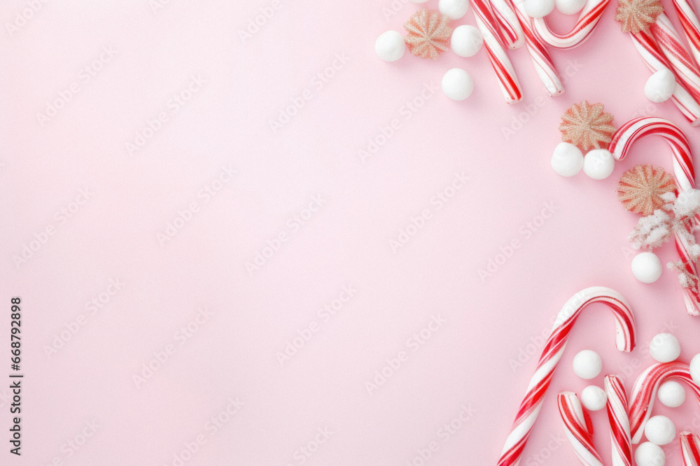 Christmas composition with pink christmas decorations on red background.