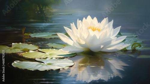 A pristine white lotus floating gracefully on a still pond, symbolizing peace and purity.