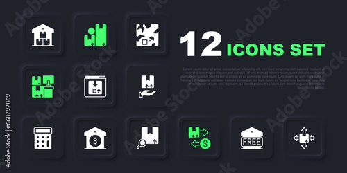 Set Free storage, Carton cardboard box, Online app delivery tracking, Tax, Warehouse with boxes, price, and Search package icon. Vector
