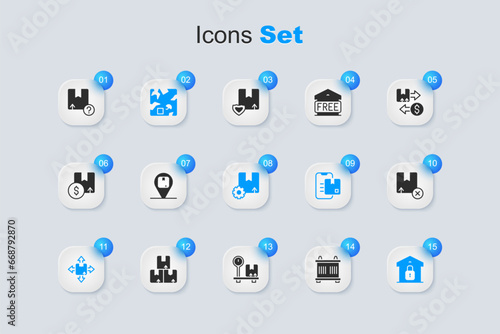 Set Container, Location with cardboard box, Broken, Carton, Closed warehouse, and Gear package icon. Vector