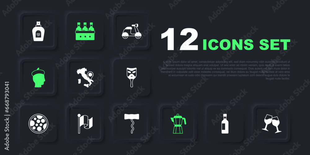 Set Bottle of wine, Wine glass, Map Italy, Coffee maker moca pot, French man, Flag, Bottles and corkscrew icon. Vector Set Bottle of wine, Wine glass, Map Italy, Coffee maker moca pot, French man, Flag, Bottles and corkscrew icon. Vector