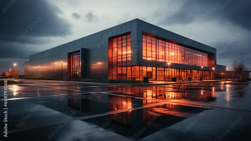 A modern sleek warehouse office building facility with an exterior architecture design in steel.