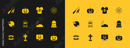 Set Spider web, Tombstone with cross, Moon and stars, Happy Halloween holiday, RIP written, Shirt skull, Bloody knife and Pumpkin icon. Vector