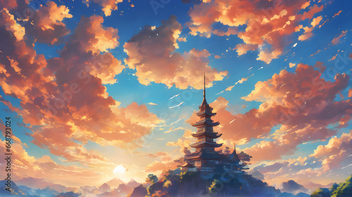 A painting of a pagoda in the mountains. The pagoda is made of wood and has a lot of windows. It is surrounded by trees and mountains. The sunset is a beautiful shade of orange