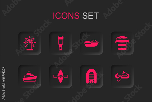 Set Kayak and paddle, Spyglass telescope lens, Ship steering wheel, Inflatable boat with motor, Striped sailor t-shirt, Jet ski and Speedboat icon. Vector