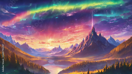 Mystical Aurora Over Mountains  A 2D Illustration of the Cosmic Beauty of the Aurora Borealis