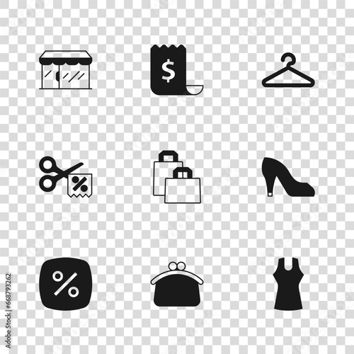 Fototapeta Naklejka Na Ścianę i Meble -  Set Wallet, Woman shoe, dress, Paper shopping bag, Hanger wardrobe, Market store, check and financial check and Scissors cuts discount coupon icon. Vector