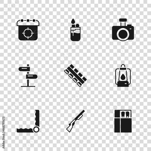 Set Hunting gun, Camping lantern, Open matchbox and matches, cartridge belt, Photo camera, Target sport, Lighter and Road traffic sign icon. Vector