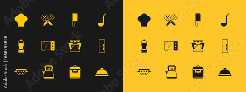 Set Kitchen ladle, Kettle with handle, Oven, Slow cooker, Microwave oven, Meat chopper, Chef hat and Spatula icon. Vector