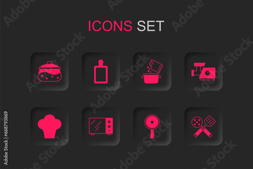 Set Microwave oven, Cutting board, Cooking pot, Frying pan, Kitchen meat grinder, Spatula, and spice and Chef hat icon. Vector