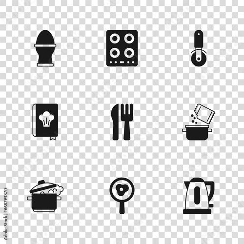 Set Fried eggs on frying pan, Cooking pot and spice, Electric kettle, Crossed knife fork, Pizza, Chicken stand, Gas stove and Cookbook icon. Vector
