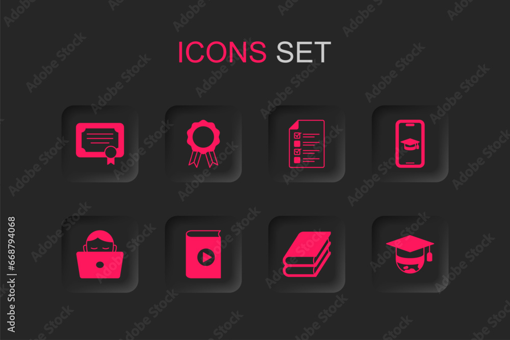 Set Audio book, Online education with diploma, Certificate template, Book, Graduation cap mobile, globe, quiz, test, survey and Student working laptop icon. Vector Set Audio book, Online education with diploma, Certificate template, Book, Graduation cap mobile, globe, quiz, test, survey and Student working laptop icon. Vector