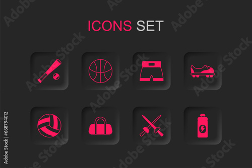 Set Sport bag, Basketball ball, Baseball bat with, Fencing, Football shoes, Fitness shaker, Boxing short and Volleyball icon. Vector