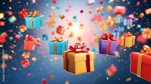 Merry New Year and Merry Christmas. Colourful gift boxes with confetti flying and falling, holiday concept banner