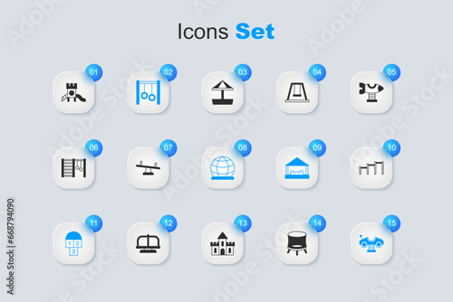 Set Jumping trampoline, Seesaw, Gymnastic rings, Hopscotch, Swing car, Sport horizontal bar, Slide playground and Playground climbing equipment icon. Vector