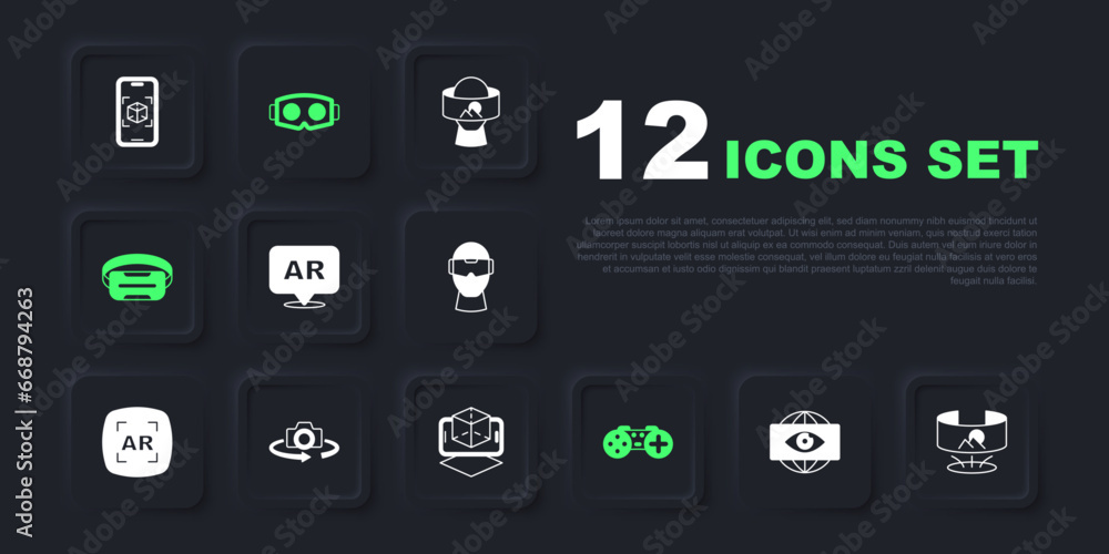 Set Big brother electronic eye, 360 degree view, Augmented reality AR, Gamepad, Virtual glasses, and 3d modeling icon. Vector Set Big brother electronic eye, 360 degree view, Augmented reality AR, Gamepad, Virtual glasses, and 3d modeling icon. Vector