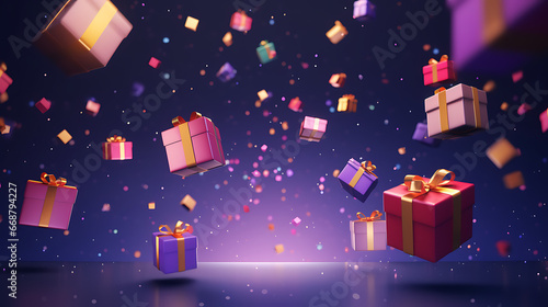 Merry New Year and Merry Christmas. Colourful gift boxes with confetti flying and falling, holiday concept banner