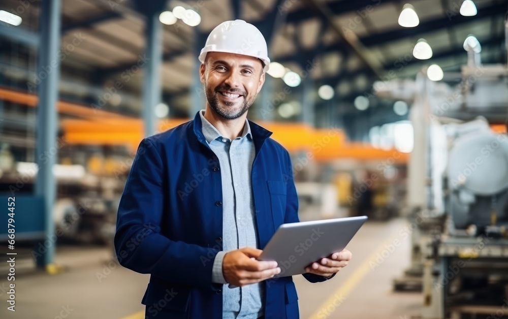 Naklejka premium An engineer using tablet computer for inspection and checking production process on factory station