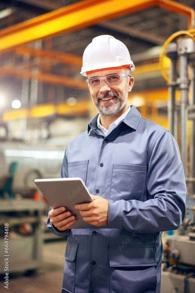 An engineer using tablet computer for inspection and checking production process on factory station An engineer using tablet computer for inspection and checking production process on factory station