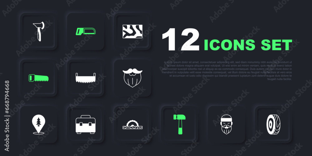 Set Lumberjack, Tree rings, Two-handed saw, Hammer, Hand, Toolbox, Hacksaw and Electric circular icon. Vector Set Lumberjack, Tree rings, Two-handed saw, Hammer, Hand, Toolbox, Hacksaw and Electric circular icon. Vector