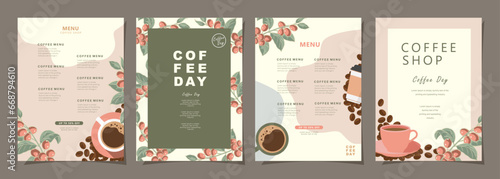 Set of sketch banners with coffee beans and leaves on colorful background for poster, cover, menu or another template design. vector illustration.
