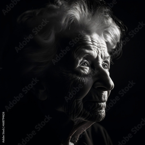 Black and white profile photograph, low key style, of an elderly woman with a sad look, dim light, expressive eyes, wrinkles, gray hair