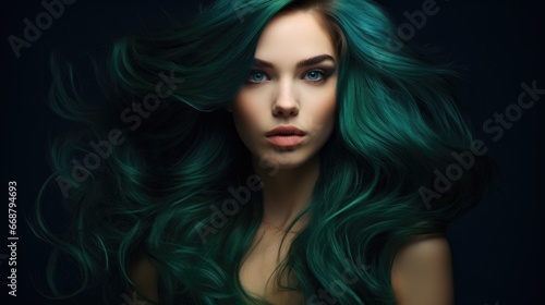 Wallpaper Mural Contemporary female face portrait with long green hair, close-up. Fashion and beauty concept Torontodigital.ca