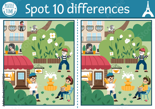 Find differences game for children. Educational activity with cute scene in Paris street. Puzzle for kids with funny French people, buildings. Printable worksheet or page with France symbol.