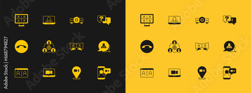 Set Question and Answer, Video chat conference, Meeting, Movie, film, media projector, and icon. Vector