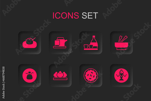 Set Dumpling, Traditional tea ceremony, Mochi, Homemade pie, Asian noodles bowl, Served fish plate, Bottle of sake and Wonton icon. Vector