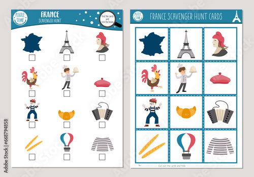 Vector French scavenger hunt cards set. Seek and find game with cute Eiffel Tower, croissant, baguette for kids. Searching activity with symbols of France. Simple educational printable worksheet.