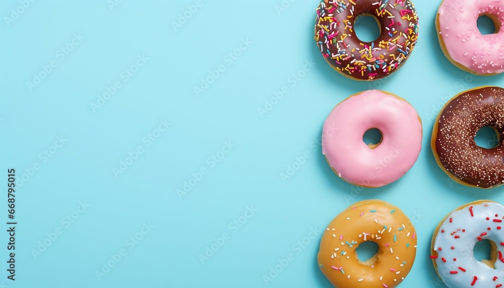Some donut on the left, light blue background, with copy space top view. Delicious glazed donuts on white background, flat lay. Space for text Generative AI