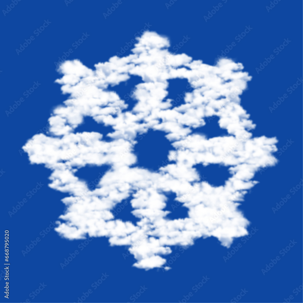 Clouds in the shape of a wheel symbol on a blue sky background. A symbol consisting of clouds in the center. Vector illustration on blue background